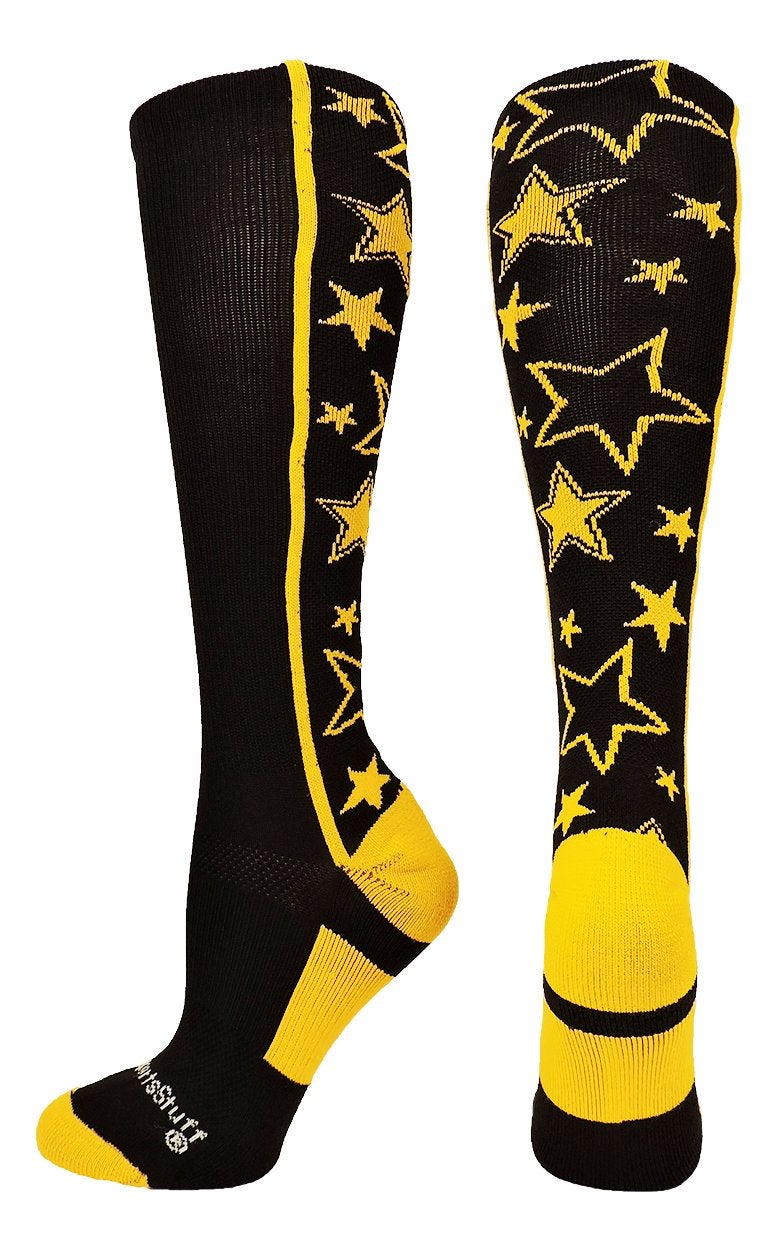 MadSportsStuff Crazy Socks with Stars Over the Calf Socks (Black/Gold, Small) - Image 1